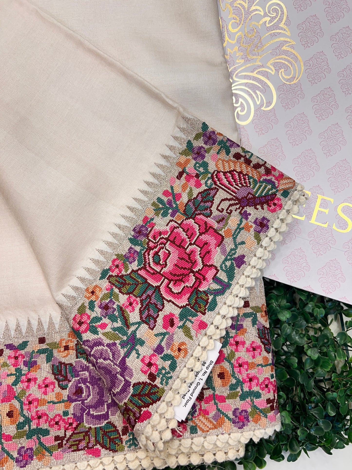 Tussar with Petit Point Border